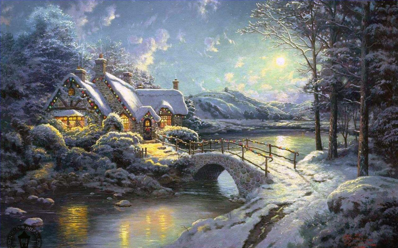 Noël clair de lune Thomas Kinkade Peintures à l'huile